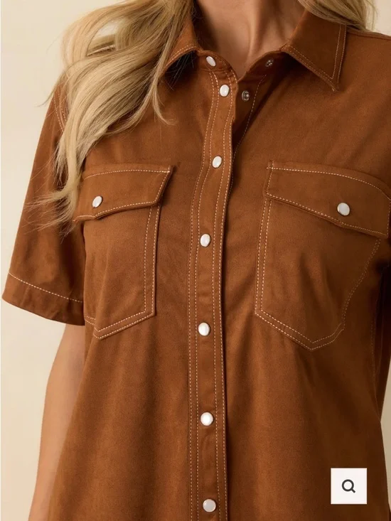 THML Brown Western faux Suede Dress medium cowgirl pearl snap - Picture 3 of 12